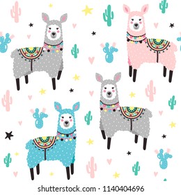 Seamless pattern with lama and cactus. Vector illustration