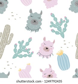 Seamless pattern of Lama and cactus. Vector illustration for printing on fabric, packaging paper, children's clothing. Cute baby background.