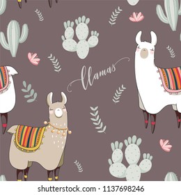 Seamless pattern with Lama in cartoon style. Hand drawn vector illustration. Elements for greeting card, poster, banners. T-shirt, notebook and sticker design.