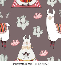 Seamless pattern with Lama in cartoon style. Hand drawn vector illustration. Elements for greeting card, poster, banners. T-shirt, notebook and sticker design.