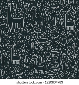 Seamless pattern of lama. Endless background in doodle style. Vector illustration.