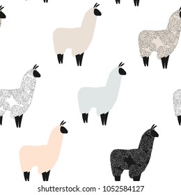 Seamless pattern with lama. Flock of multicolored alpacas. Scandinavian style.