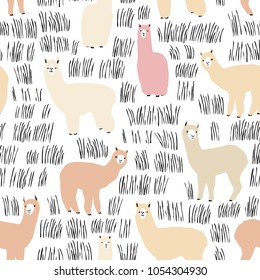 Seamless pattern with lama. Flock of multicolored alpacas. Scandinavian style. Perfect for kids fabric, textile, nursery wallpaper.