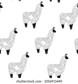 Seamless pattern with lama. Flock of multicolored alpacas. Scandinavian style. Black and white style.