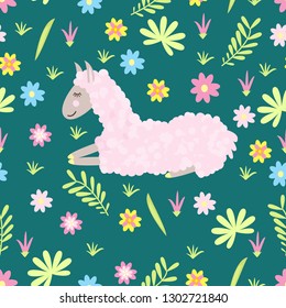 seamless pattern with lama and flowers- vector illustration, eps