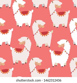 Seamless pattern with lama on pink background.