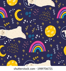 Seamless pattern with lama, rainbow, moon, stars, space. Cute llama in a space suit in space. A pattern with a sleeping animal for decorating clothes,fabrics,children's rooms. Flat doodle style.