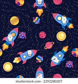 Seamless pattern with lama in a rocket, in space. Lama travels, adventures among the stars. Cute pattern with alpaca in the sky.