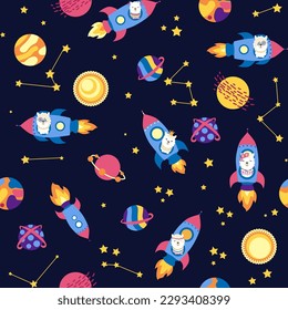 Seamless pattern with lama in a rocket, in space. Lama travels, adventures among the stars. Cute pattern with alpaca in the sky.
