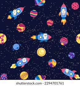 Seamless pattern with lama in a rocket, in space. Lama travels, adventures among the stars. Cute pattern with alpaca in the sky.