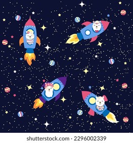 Seamless pattern with lama in a rocket, in space. Lama travels, adventures among the stars. Cute pattern with alpaca in the sky.