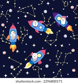 Seamless pattern with lama in a rocket, in space. Lama travels, adventures among the stars. Cute pattern with alpaca in the sky.