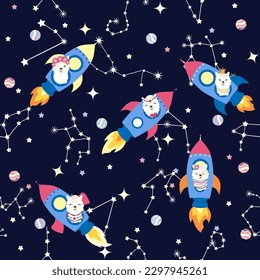Seamless pattern with lama in a rocket, in space. Lama travels, adventures among the stars. Cute pattern with alpaca in the sky.