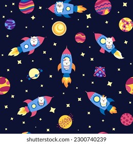 Seamless pattern with lama in a rocket, in space. Lama travels, adventures among the stars. Cute pattern with alpaca in the sky.