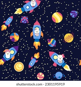Seamless pattern with lama in a rocket, in space. Lama travels, adventures among the stars. Cute pattern with alpaca in the sky.