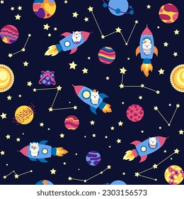 Seamless pattern with lama in a rocket, in space. Lama travels, adventures among the stars. Cute pattern with alpaca in the sky.