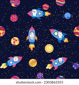 Seamless pattern with lama in a rocket, in space. Lama travels, adventures among the stars. Cute pattern with alpaca in the sky.