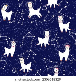 Seamless pattern with lama in a rocket, in space. Lama travels, adventures among the stars. Cute pattern with alpaca in the sky.