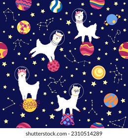 Seamless pattern with lama in a rocket, in space. Lama travels, adventures among the stars. Cute pattern with alpaca in the sky.