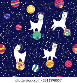 Seamless pattern with lama in a rocket, in space. Lama travels, adventures among the stars. Cute pattern with alpaca in the sky.