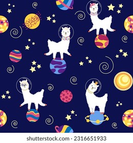 Seamless pattern with lama in a rocket, in space. Lama travels, adventures among the stars. Cute pattern with alpaca in the sky.
