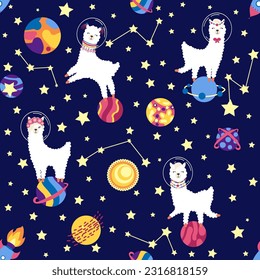 Seamless pattern with lama in a rocket, in space. Lama travels, adventures among the stars. Cute pattern with alpaca in the sky.