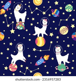 Seamless pattern with lama in a rocket, in space. Lama travels, adventures among the stars. Cute pattern with alpaca in the sky.