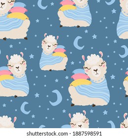 Seamless pattern with lama sleeping on pillows and moon, starry sky. Background with funny Alpaca babies for textiles, children's clothing, Wallpaper. Vector illustration