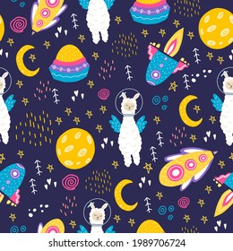 Seamless pattern with lama and wings, moon, stars, space,spaceships. Cute llama in a space suit in space. A pattern with animals for decorating clothes,fabrics, and children's rooms. Flat doodle style