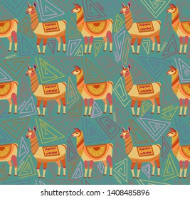 Seamless pattern with lamas and abstract geometric shapes on green background. Color ornament in the national style of the Indian tribes. Fantasy drawing of folk art. Vector