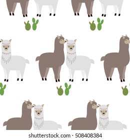 Seamless pattern with lamas and cactus.  Alpaca and cactus. Vector flat for print. Vector cute Alpaca Llama animal