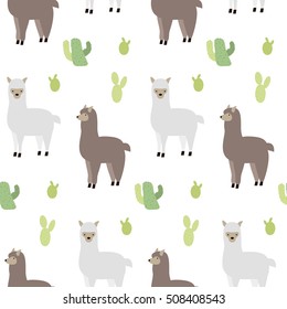 Seamless pattern with lamas and cactus. Alpaca and cactus. Vector flat for print. Vector cute Alpaca Llama animal