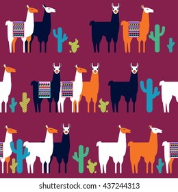 Seamless pattern with lamas and cactuses. All the elements are not cropped, and hidden under the mask.