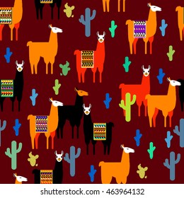 Seamless pattern with lamas and cactuses. All the elements are not cropped, and hidden under the mask.