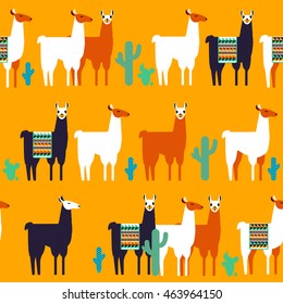 Seamless pattern with lamas and cactuses. All the elements are not cropped, and hidden under the mask.