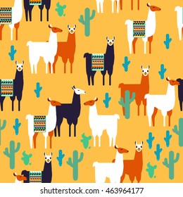 Seamless pattern with lamas and cactuses. All the elements are not cropped, and hidden under the mask.