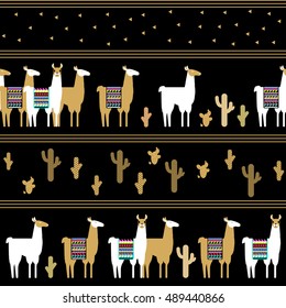Seamless pattern with lamas and cactuses.The linear pattern. White and golden lama with colorful ponchos on a black background. All the elements are not cropped, and hidden under the mask.