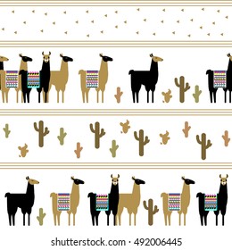 Seamless pattern with lamas and cactuses.The linear pattern. Black and golden lama with colorful ponchos on a white background. All the elements are not cropped, and hidden under the mask.