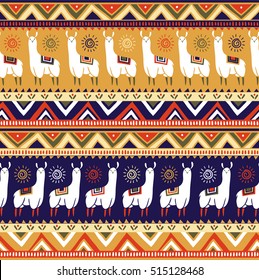 Seamless pattern with lamas and geometrical ornaments. Vector ethnic background. All the elements are hidden under the mask.