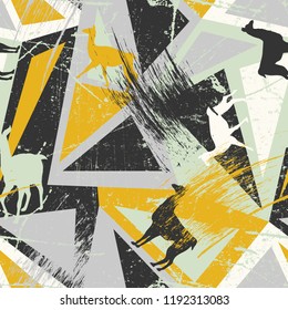 Seamless pattern with lamas in grunge geometry abstract background. Typography design elements for prints, cards, posters, products packaging, branding