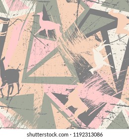 Seamless pattern with lamas in grunge geometry abstract background. Typography design elements for prints, cards, posters, products packaging, branding