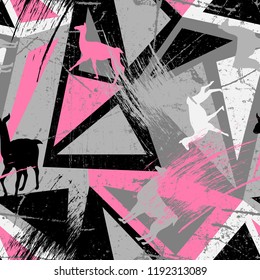Seamless pattern with lamas in grunge geometry abstract background. Typography design elements for prints, cards, posters, products packaging, branding