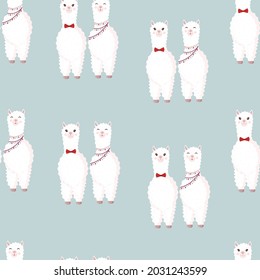 Seamless pattern with lamas lovers on a gray background. Vector illustration suitable for baby texture, textile, fabric, poster, Valentines day greeting card, decor. Cute alpaca from Peru.