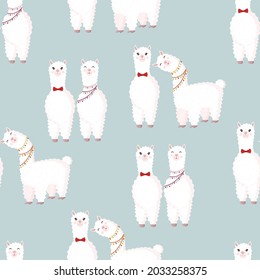 Seamless pattern with lamas lovers on a gray background. Vector illustration suitable for baby texture, textile, fabric, poster, Valentines day greeting card, decor. Cute alpaca from Peru.