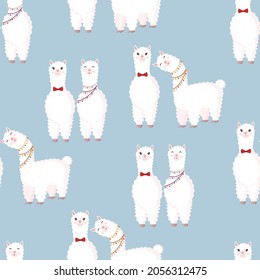 Seamless pattern with lamas lovers on a blue background. Vector illustration suitable for baby texture, textile, fabric, poster, Valentines day greeting card, decor. Cute alpaca from Peru