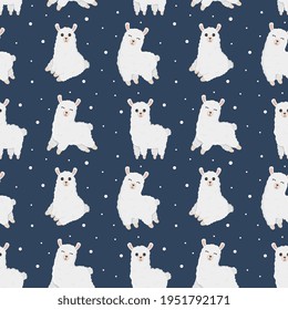 Patrón sin foco con lamas hechas en vector. Es bueno para papel pintado, tarjetas de felicitación, decoración de habitaciones para niños, etc. Cartoon alpaca con fondo azul. 