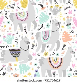 Seamless pattern with lamas made in vector. Modern hand drawn style. Good for wallpaper, greeting cards, children room decoration, etc.