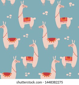 Seamless pattern with lamas on blue pattern. Vector illustration. 