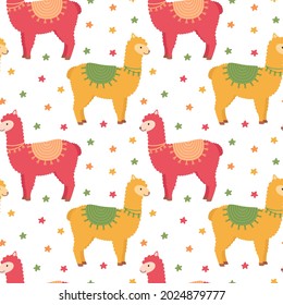 Seamless pattern with lamas and stars, vector illustration