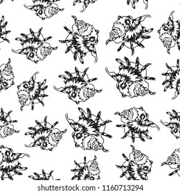 seamless pattern Lambis spider conch Chicoreus aculeatus, large sea snail Unique shells, molluscs Gastropoda. Sketch black contour on white background. Vector